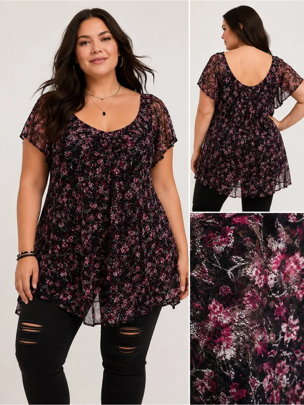 Torrid Size 4 Black Pink Floral Lace Tunic Top Sheer Mesh Overlay Plus Size 4X - Picture 1 of 7